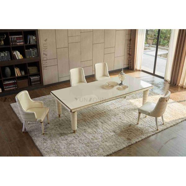 Quality Embroidery Leather Cover Luxury Modern Dining Tables White Tempered Glass Top Stainless Steel Frame For Home for sale