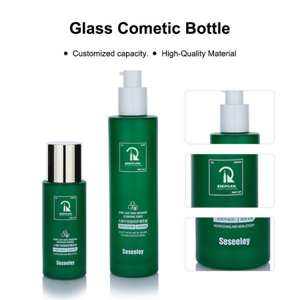 Quality 50g 50ml 100ml Cosmetic Packaging Green Bottle Glass Skincare Pump Bottle for sale