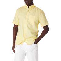 China Linen Cotton Mens Breathable Button Up Shirts Light Yellow Short Sleeve Shirt factory