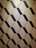 China oak parquet tiles, artistic parquets, black &amp; white stained, 3D showing factory
