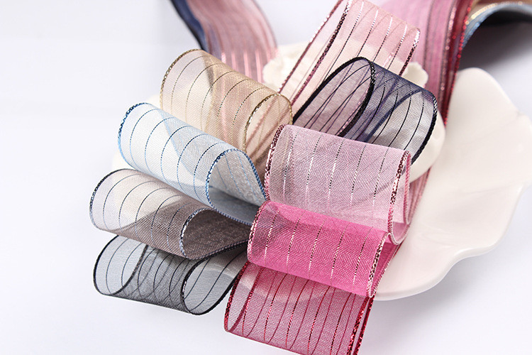 China 10mm-25mm  Gold Line Striped Polyester Organza Ribbon for Gift Wrapping and Boxes Packing or Ribbon Bow factory