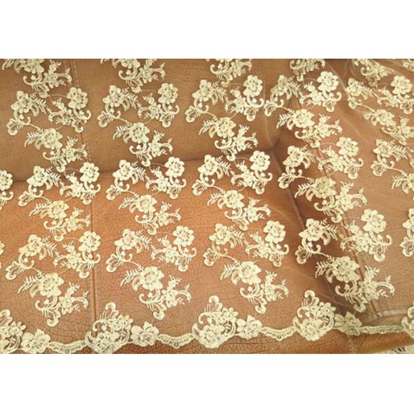 Quality Gold Retro Scalloped Corded Lace Fabric , Polyester Embroidered Floral Tulle Fabric for sale
