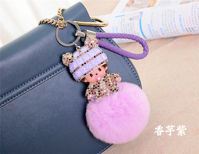 China Real Rabbit Fur Ball Keychain , Pacifier Doll Pu Rope Key Ring Pendant factory