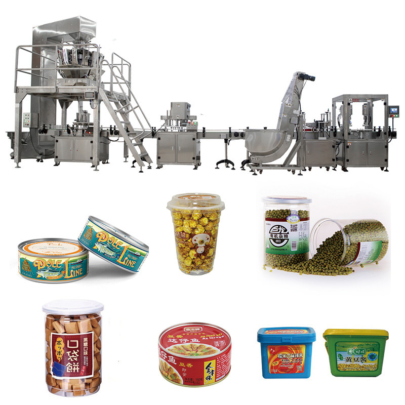 China Automatic Bottle Filling Line Fudge Candy Weighing Straight Rotary Can Case Jar Filling Capping Machine factory