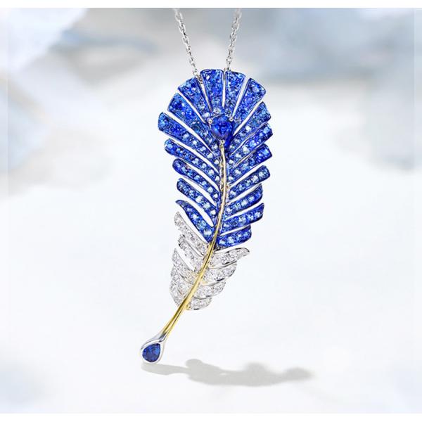 Quality Brooch Sapphire Virgo Necklace 0.25ct Diamond Feather Pendant for sale