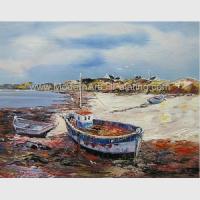 China Hand Painted Fishing Boats Oil Paintings, Abstract Canvas Painting on Beach factory