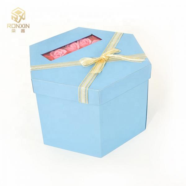 Quality Blue Hexagonal Paperboard Gift Boxes With Ribbon For Gift Packaging for sale