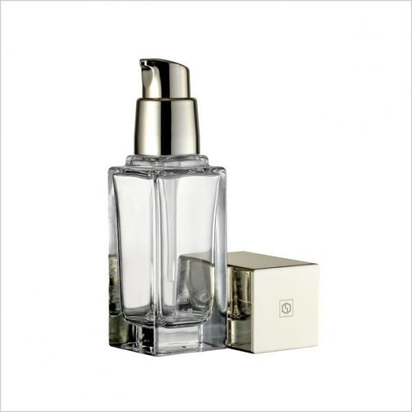 Quality 20ml 30ml Square Cosmetic Glass Bottle Gold Pump Cap Empty Glass Foundation Bottle for sale