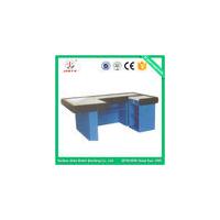 China Blue Supermarket Checkout Counter With Conveyor Belt ISO9001 Stainless Steel Cash Counter factory