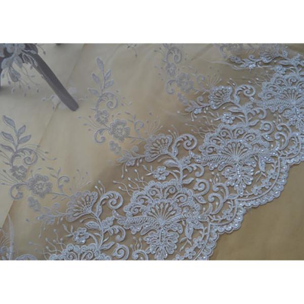 Quality Floral Embroidery Corded Lace Fabric , Bridal Sequin Mesh Fabric With Scalloped Edge for sale