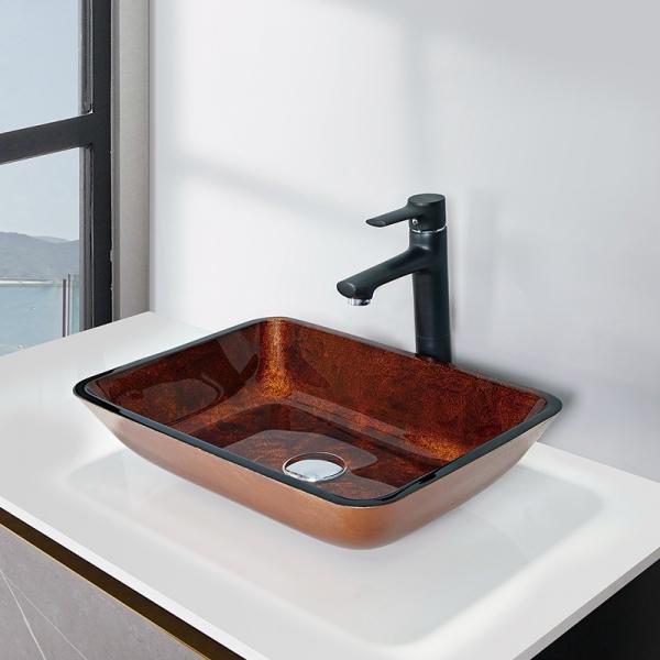 Quality Russet Brown Tempered Glass Basin Bowl Rectangular Table Top Solid for sale