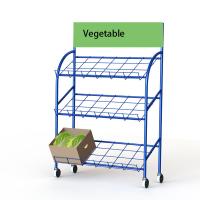China Supermarket 3 Tier Metal Fruit And Vegetable Display Stand With Wire Shelves And Top Sign for sale