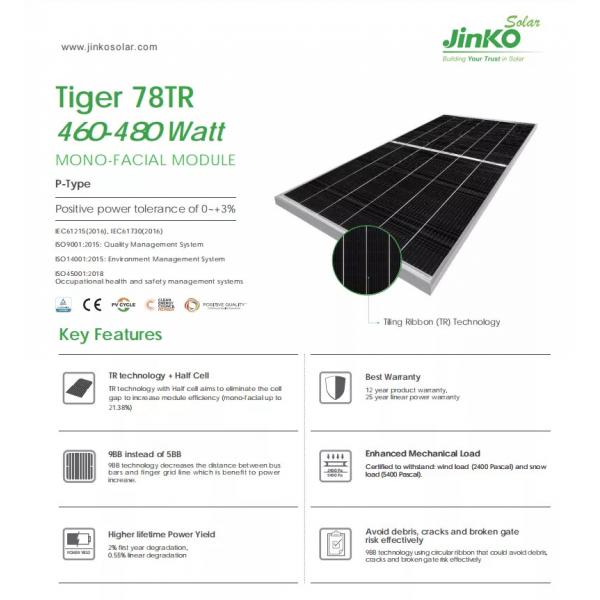 Quality 480w Jinko Monocrystalline Solar Panels JKM480M 7RL3 182x182mm Monocrystalline for sale