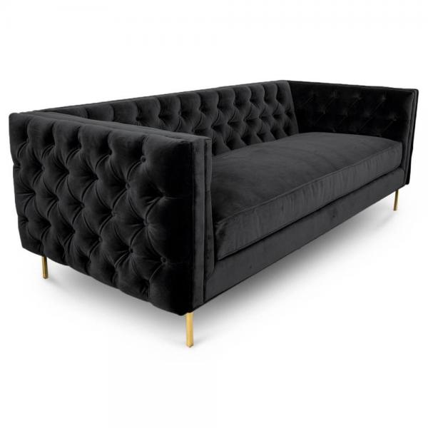 Quality Black velvet fabric button tufted 3 seat sofa with 4 golden brass metal leg for wedding,living room rental sofa for sale