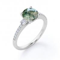 China Round Shape Natural Transparent Dendritic Moss Green Agate And Moissanite 3-Stone Engagement Ring factory