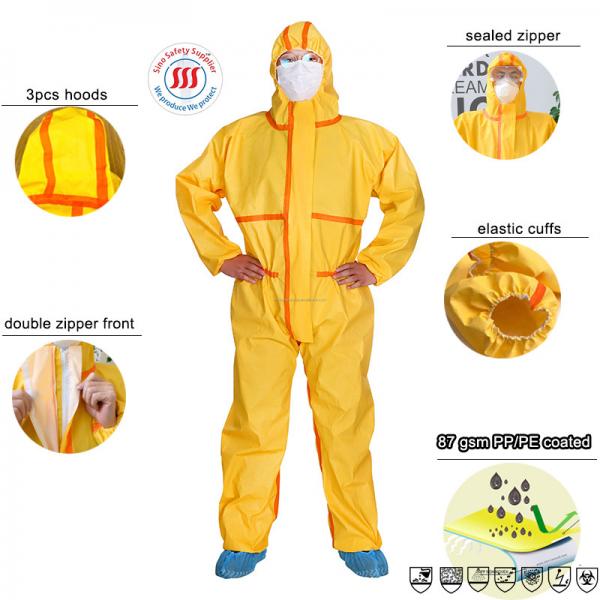 Quality High Low PH Chemical Proof Suit PP PE Coated Type 3 Disposable Hooded Coverall for sale