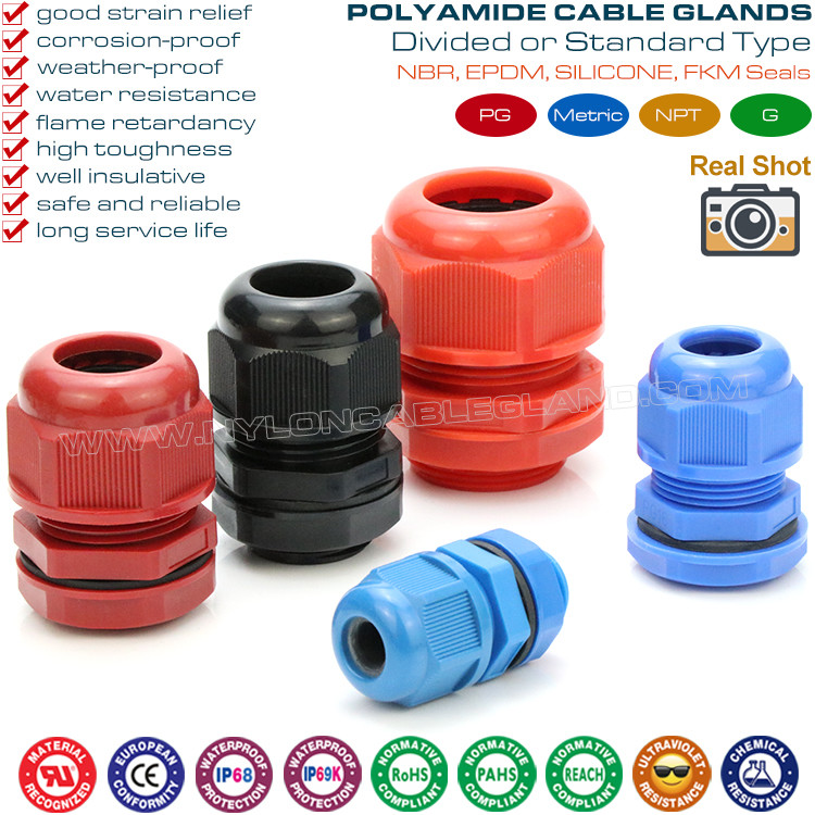 Polyamide Polymer IP68 Waterproof Adjustable Metric Electrical Cable Glands with Sealing Washers (Gaskets)