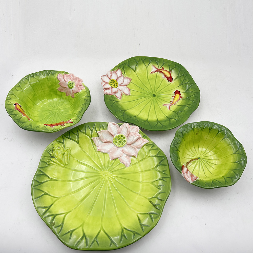 China Customized Lotus Leaf Design Plate High Ceramic Kitchen Supplies Large Capacity Dinner Plate For Home School Picnic factory