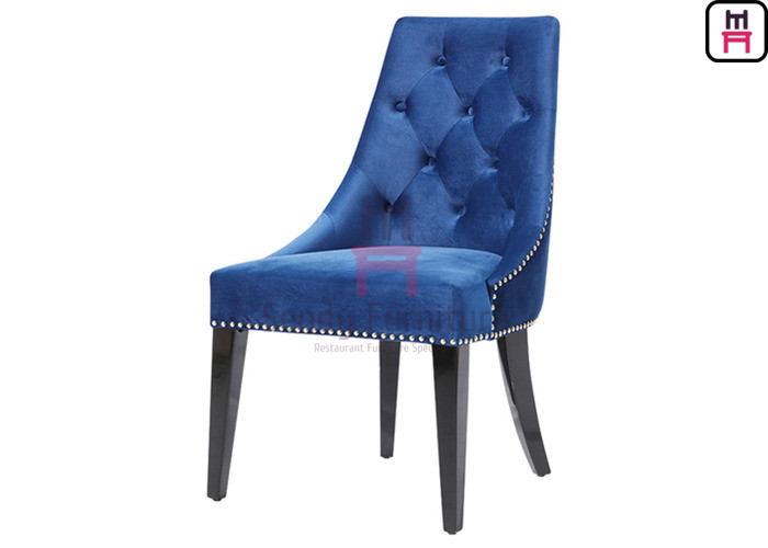 Quality High Back Blue Velvet Tufted Upholstered Dining Chairs with Black Iron Legs for sale