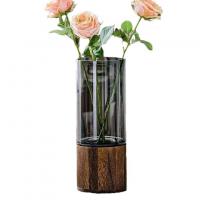 China Aesthetic Wood Glass Vase Wood Base Cylindrical Blossom Vessel Bedroom Kitchen Living Room Centerpieces Office Desk factory