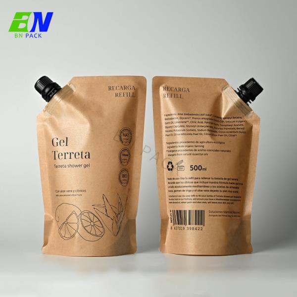 Quality 500ml Kraft Paper Juice Pouch With Spout Four Edge Standing for sale