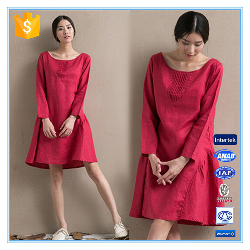 China Fashion red linen ladies winter one piece dress of large size factory