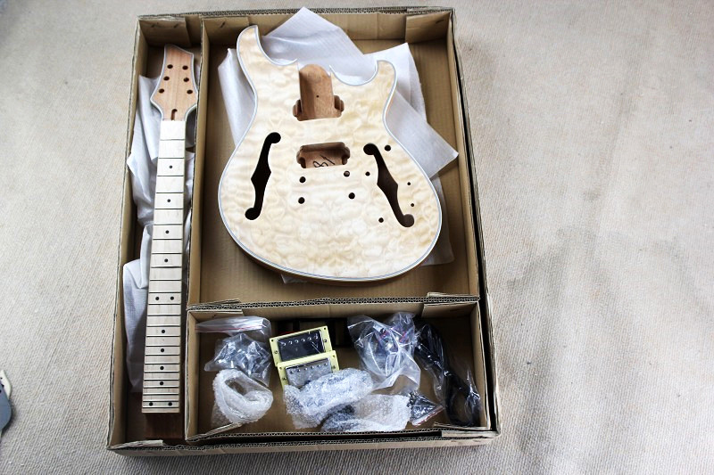 China Custom Semi-hollow Electric Guitar Kit(Parts) with Mahogany Body ans Neck,Flame Maple Veneer,Chrome Hardwares,DIY Guitar factory