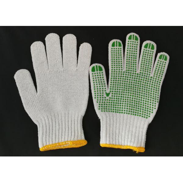 Quality Polyester Knitted Safety Hand Gloves ,  Knit Work Gloves Green PVC Dotted Grips for sale