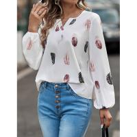 China Women'S V-Neck Feather Print T Shirt Casual Loose Fit Long Sleeve Top factory