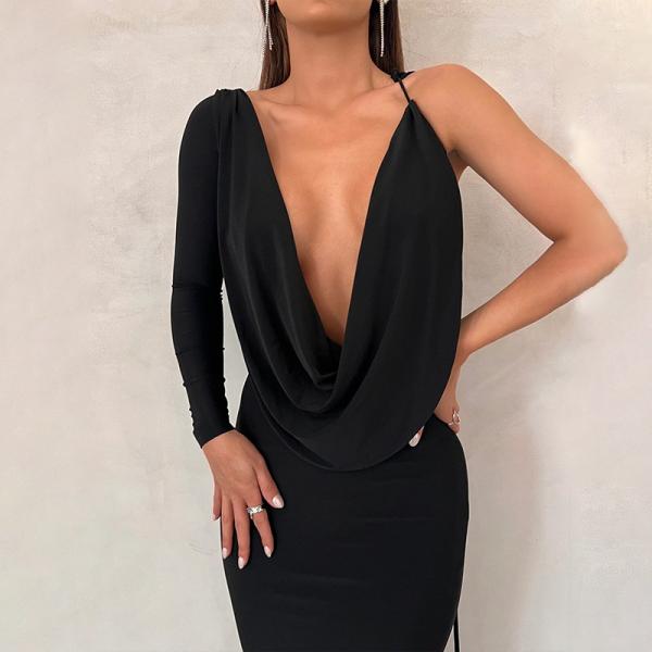 Quality V Neck Slim Evening Dress Solid Color Tie One Shoulder Hollow Black Sexy Evening for sale