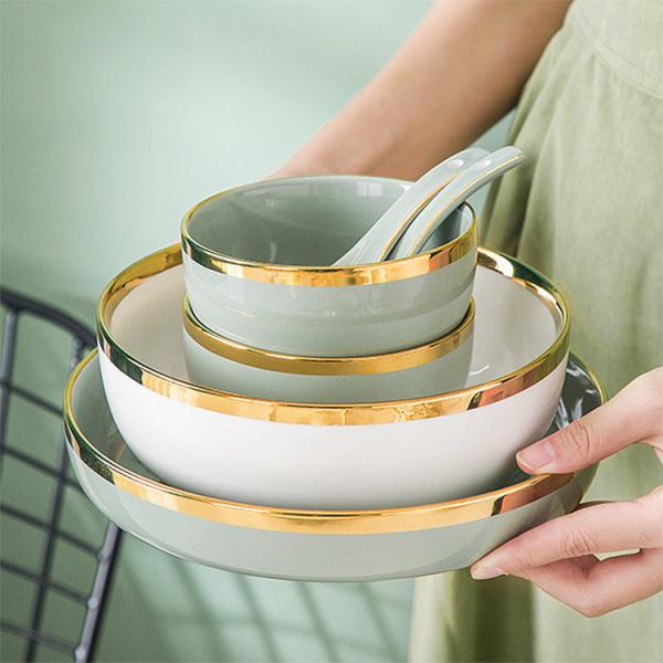 Quality Nordic Luxury Style Ceramic Tableware Set Emerald Green With Gold Rim for sale