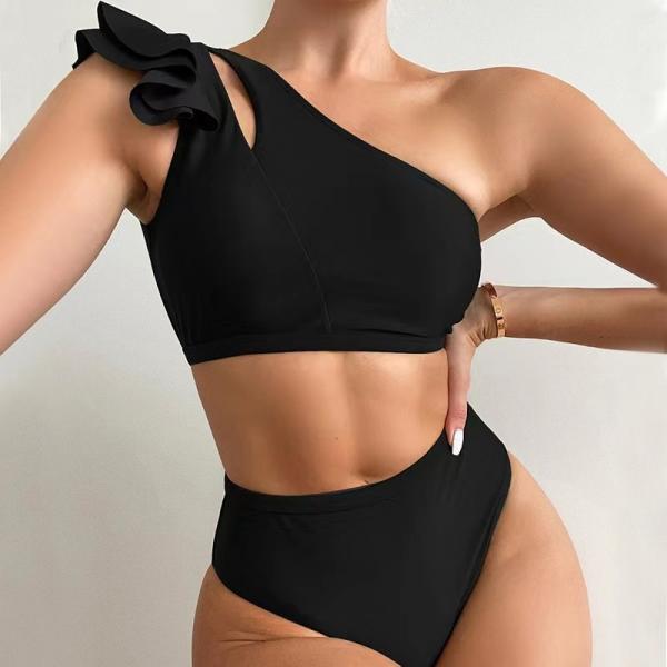 Quality One Shoulder Ruffled Two Piece Bikini Solid Color Split Sexy Swimsuits For Women for sale