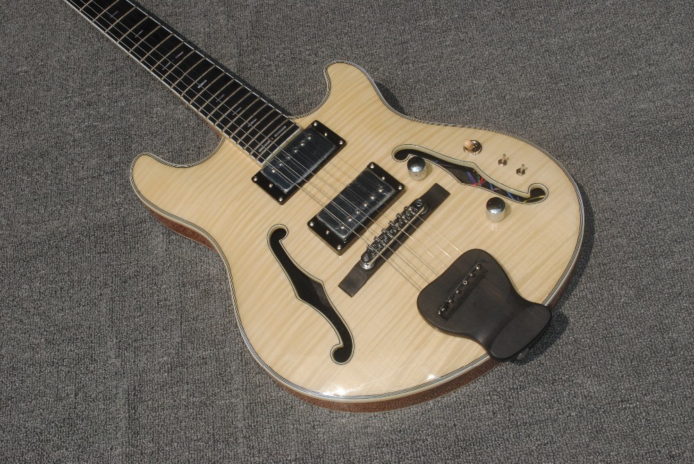 China High-grade customized jazz six-string electric guitar, double f-hole half-hollow electric guitar, wood color factory