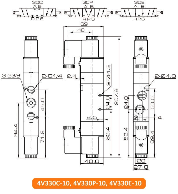 4V330C-10 4V330E-10 4V330P-10 5/3 Way 5 Way 3 Position Pneumatic Directional Control Air Solenoid Valve 12VDC 24VDC 24VAC 110VAC 220VAC