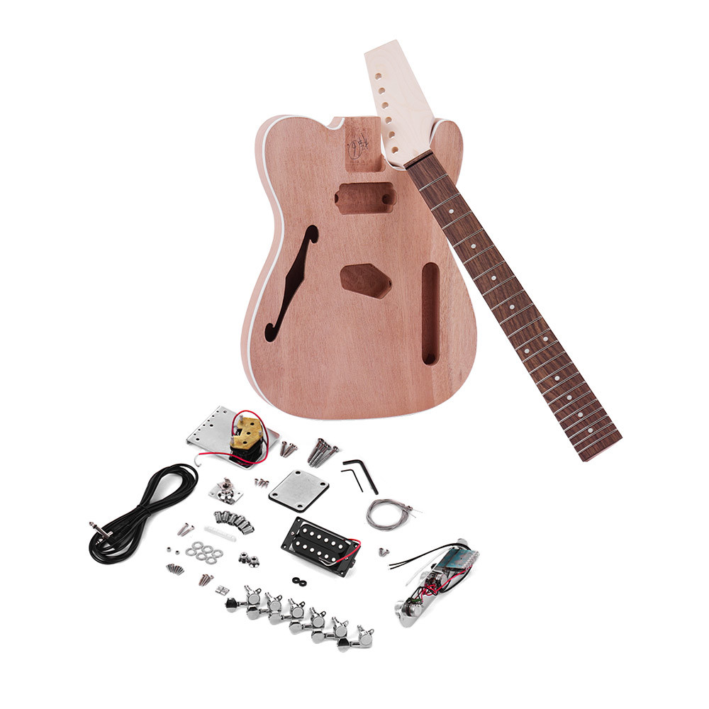 China TL Tele Style Unfinished Electric Guitar DIY Kit Mahogany Body with F Soundhole Maple Wood Neck Rosewood Fingerboard factory