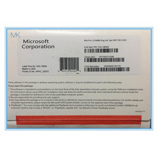 Quality Microsoft Windows Software Microsoft Windows 10 Pro Oem 64 Bit System Builder DVD for sale