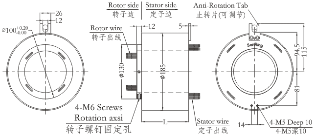 h100185 series H100185 Series Hole Size 100mm(Hollow Shaft)Through Hole Slip Ring slip ring Drawing 