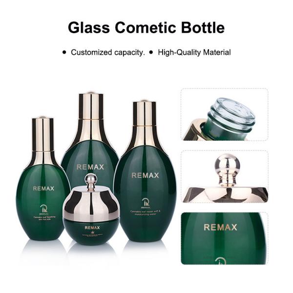 Quality 50ml 100ml 120ml Oval Green Glass Cosmetic Bottles Skincare Packaging Set For for sale