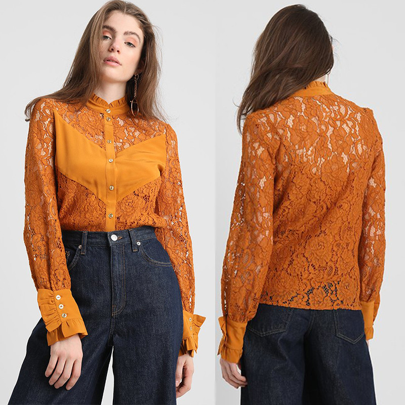 China 2019 Fall Apparel for Women New Arrival Lace Brown Long Sleeve Blouse Tops factory