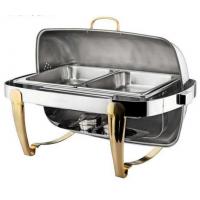 China Titanium Coating Oblong Chafing Dish Roll Top Lid Gold Legs and Handle 2-Compartment Stainless Steel Food Container factory
