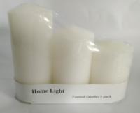 China 3pk white pillar candle packed into paper tray,then whole set be shrinked factory