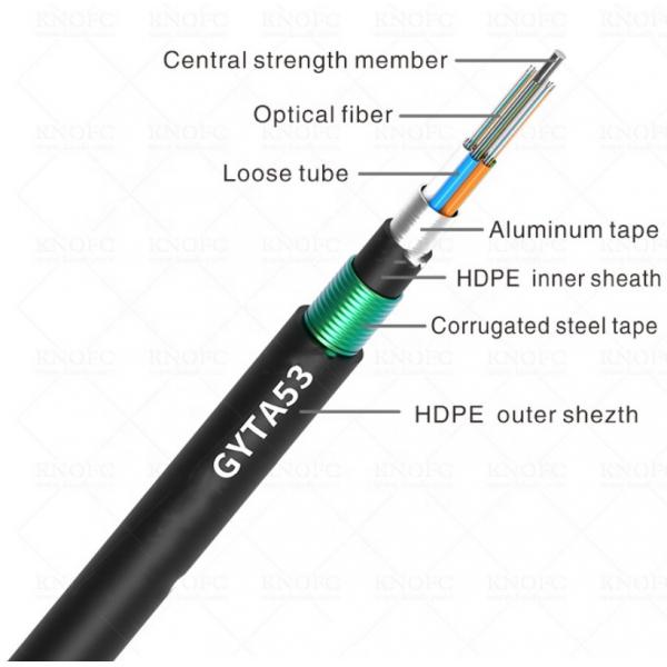 Quality 96 Core Outdoor Aerial Fiber Optic Cable Armored Steel PE Sheath GYTA53 for sale