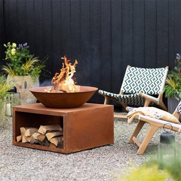 Quality Outdoor Garden Modern Rusty Corten Steel Fire Bowl With Log Storage for sale