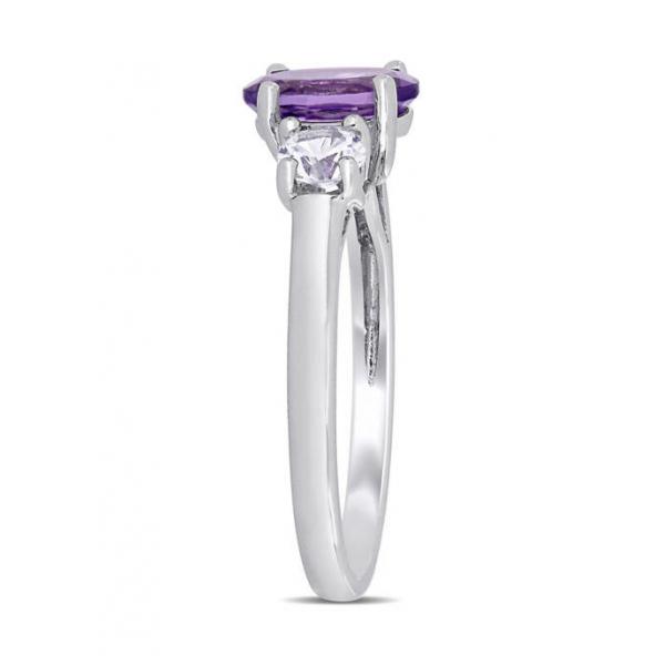 Quality Oval Cut Amethyst and Created White Sapphire 3-Stone Ring in Sterling Silver for sale