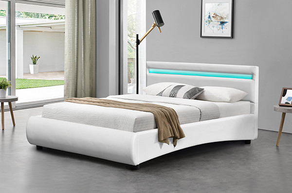 Quality OEM White Pu Leather Bed Frame With LED Light Curve Shape for sale