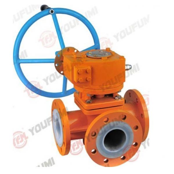 Quality 3 Way FEP/PFA Lined Ball Valve Worm Gear Operated Flange Type for sale