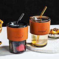 China 450ml Sealed Tumber Glass Cups with Straw and Lid for Easy Carrying of Coffee Beverage factory