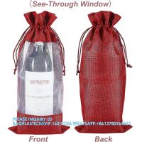 China Organza Gift Bags, Jute Red Wine Bags, Burlap Bottle Pack 750ml With Sheer Window Organza Hessian Drawstring Bags factory