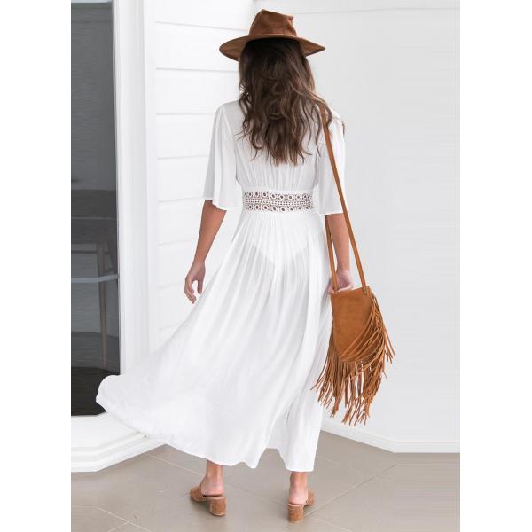 Quality Wholesale Solid Color White Deep V Neck Half Sleeve Beach Cover Up Sexy Maxi for sale