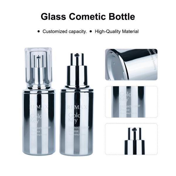 Quality 50ml Transparent Cap Glass Cosmetic Packaging Silver Glass Cosmetic Containers for sale